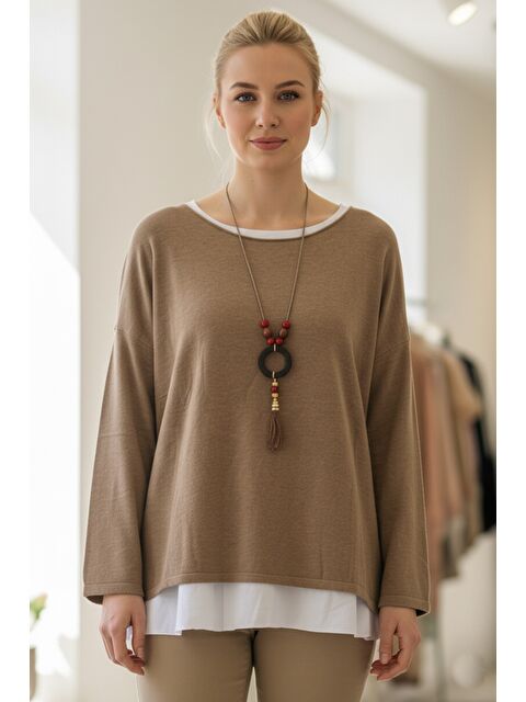 Chiccy İtalyan Sütlü Kahverengi Kayık Yaka Uzun Kol İkili Set Kolyeli Casual Oversize Triko Bluz 71 71 - S000486451-4280