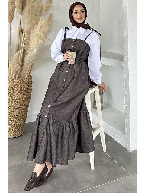 Julude Gülseli Boydan Düğmeli Bağlama Detaylı Garnili Tesettür Elbise