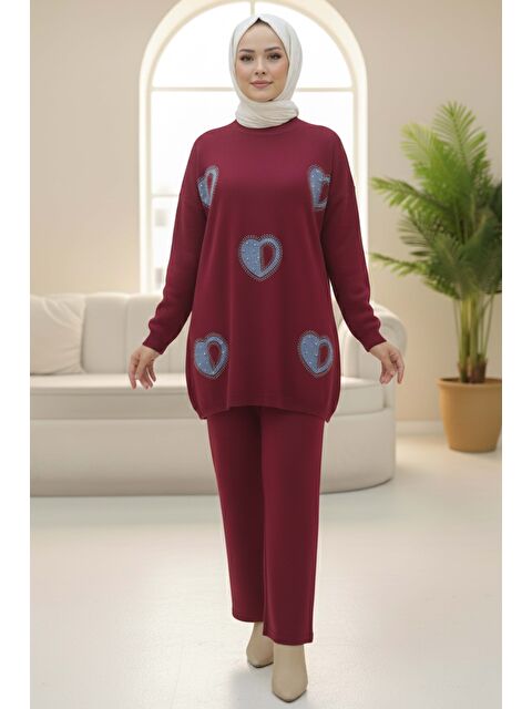 Tofisa Kalp Taş Detaylı Triko İkili Takım Bordo - 28123-BORDO - S000495270-19951