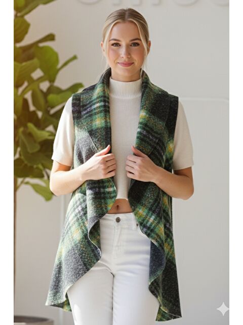 Chiccy İtalyan Siyah-Yeşil Şal Yaka Kolsuz Ekose Kapamasız Kalın Akrilik Uzun Oversize Dokuma Yelek 85 68 - S000486453-37449