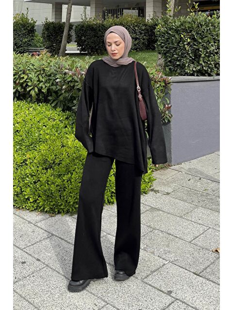 Lamelif Asimetrik Bisiklet Yaka Triko Takım Siyah - S000515471-19351