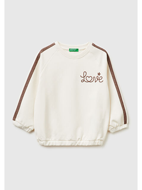 United Colors Of Benetton Kız Çocuk Logo İşlemeli Ribanalı Bisiklet Yaka Sweatshirt - S000517319-23173