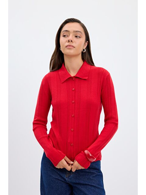 Kadriye Baştürk Fitilli Örgü Triko Hırka Kırmızı - S000486883-20045