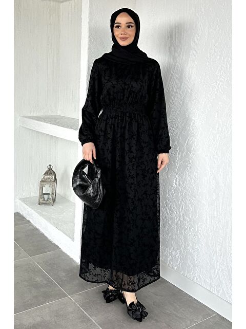 Julude Flok Baskılı Bel Lastikli Tesettür Elbise