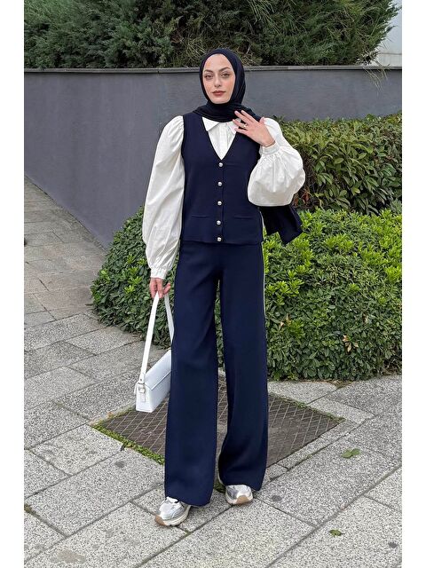 Lamelif Biyeli Yelekli Takım Lacivert - S000515478-21164