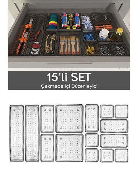 Meleni Home 15li Dolap Çekmece İçi Düzenleyici Set Vida Dübel Hırdavat Avadanlık Organizer Set Antrasit - S000387355-29666