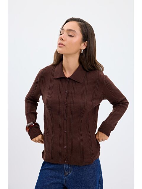 Kadriye Baştürk Fitilli Örgü Triko Hırka Kahve - S000486883-19413