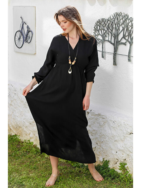 Chiccy Siyah Kruvaze Yaka 3/4 Kol Yıkamalı Yırtmaçlı Casual Müslin Uzun Dokuma Elbise 130 60 - S000367620-19351