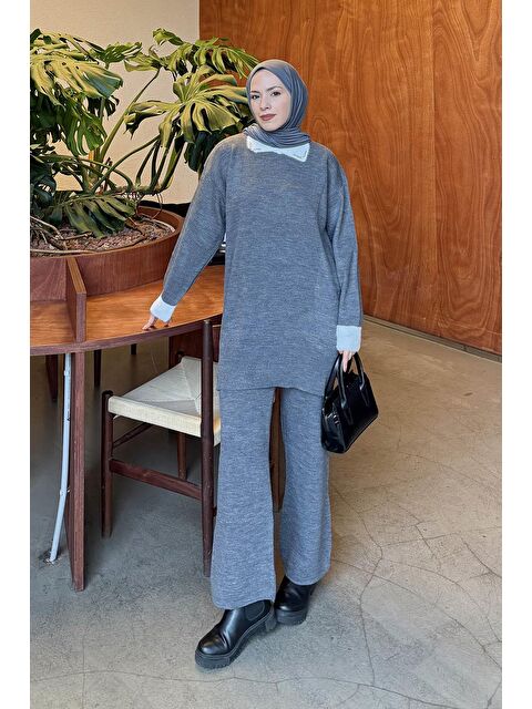 Lamelif Yakası Taşlı Triko Takım Gri - S000515461-20600