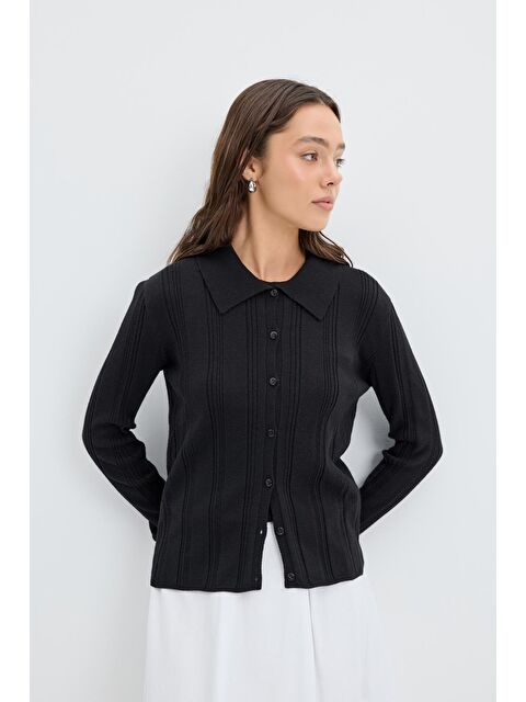 Kadriye Baştürk Fitilli Örgü Triko Hırka Siyah - S000486883-19351