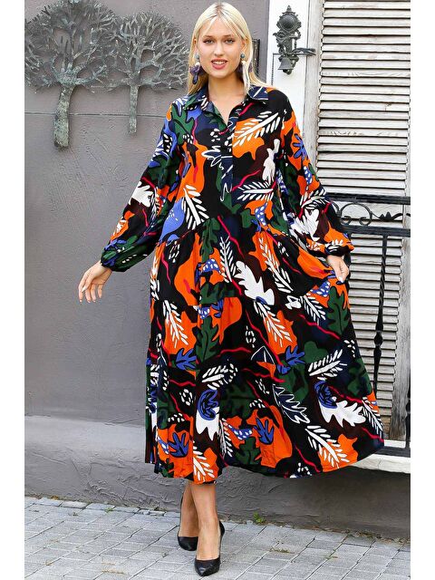 Chiccy Kadın Siyah Yuvarlak Yaka Çiçekli Düğmeli Cepli Oversize Casual Viskon Dokuma Elbise - S000468603-20013