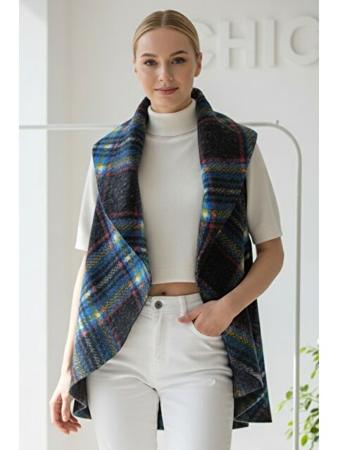 Chiccy İtalyan Siyah-Mavi Şal Yaka Kolsuz Ekose Kapamasız Kalın Akrilik Uzun Oversize Dokuma Yelek 85 68 - S000486453-37438