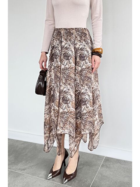 Gülseli Kadın Bel Lastikli İç Astarlı Asimetrik Kesim Desenli Etek - S000517323-19413
