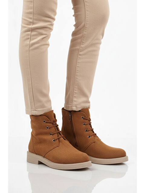 Ayakmod Taba Süet Bağcıklı Fermuarlı Kaymaz Kadın Bot 284098 Z - S000458266-37455