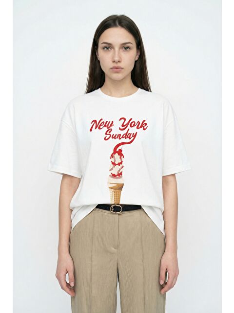 QUZU Dondurma Baskılı Oversize Tişört Ekru - S000516504-19965