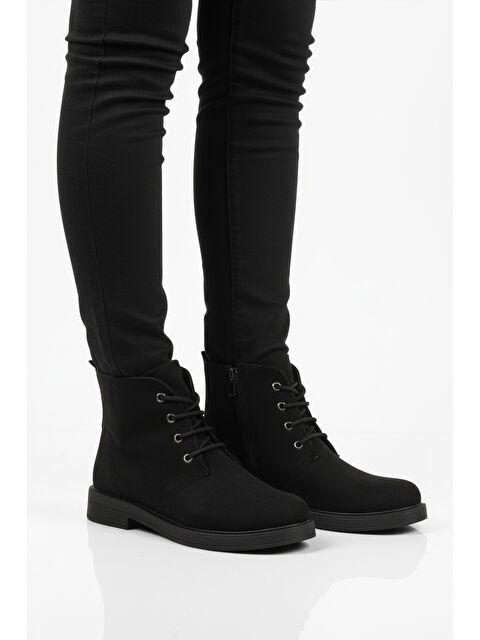 Ayakmod Siyah Süet Bağcıklı Fermuarlı Kaymaz Kadın Bot 284098 Z - S000458266-22238