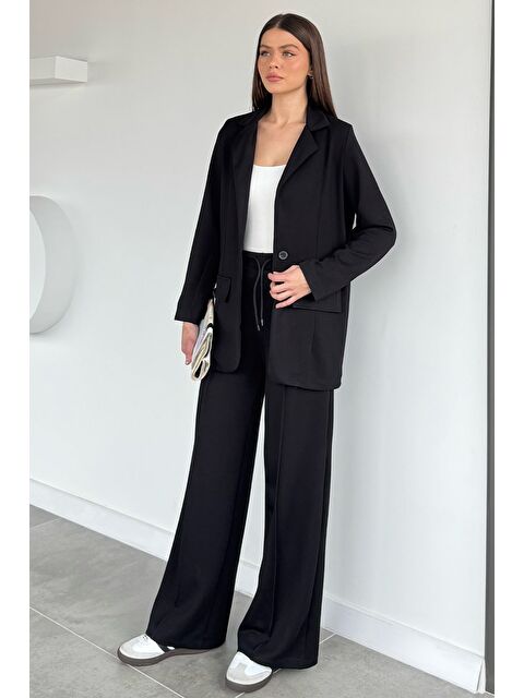 Gülseli Kadın Tek Düğmeli Ceket Bel Lastikli Çimalı Pantolon İkili Takım
