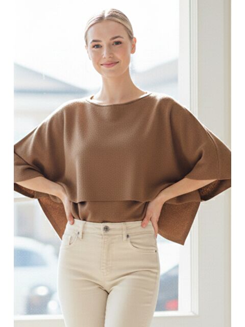 Chiccy İtalyan Sütlü Kahverengi Kayık Yaka Mendil Kol Casual Akrilik Triko Kazak 55 60 - S000486455-4280