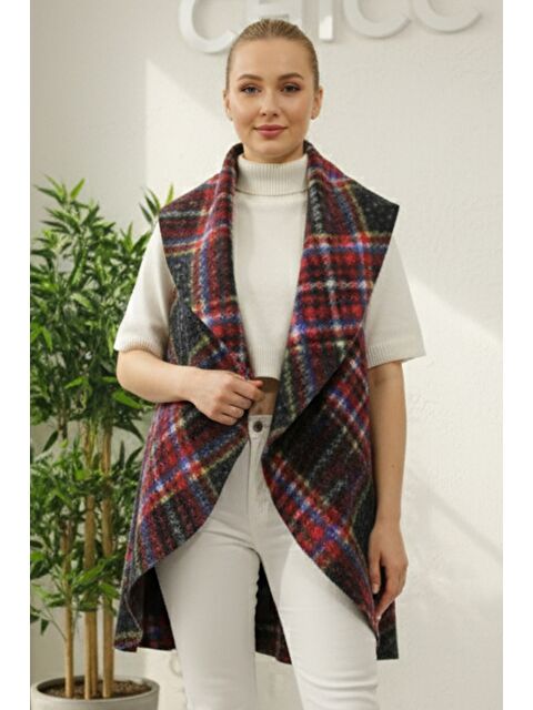 Chiccy İtalyan Siyah-Bordo Şal Yaka Kolsuz Ekose Kapamasız Kalın Akrilik Uzun Oversize Dokuma Yelek 85 68 - S000486453-37425
