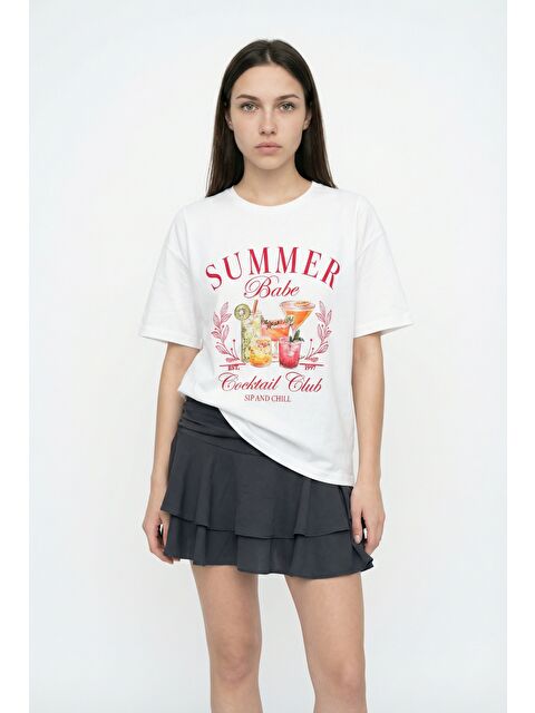 QUZU Summer Babe Baskılı Oversize Tişört Ekru - S000516503-19965