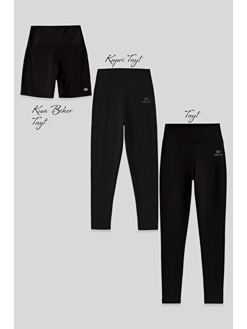 Tommylife Slim Fit Yüksek Bel 3lü Paket Siyah Kadın Tayt - S000495277-19351