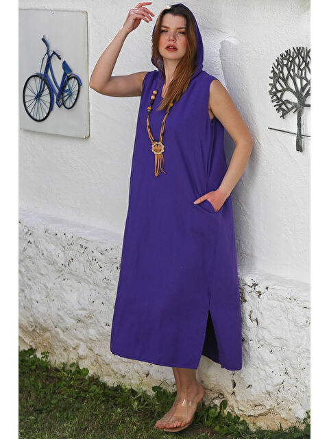 Chiccy Mor Kapüşonlu Kolsuz Gizli Cepli Yıkamalı Yırtmaçlı Casual Keten Karışımlı Dokuma Elbise 130 66 - S000367647-20042