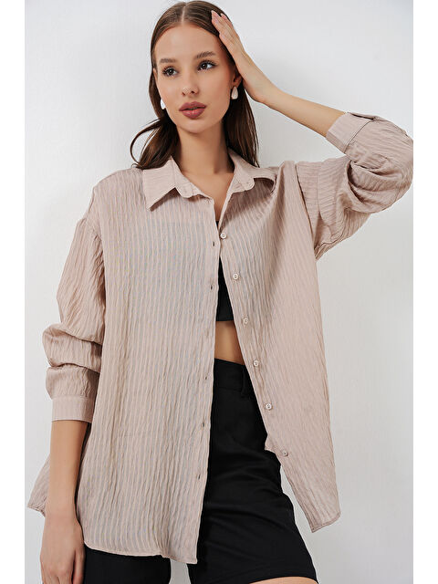 Bigdart Kadın Uzun Oversize Gömlek 20320 - Bej - S000393857-19928