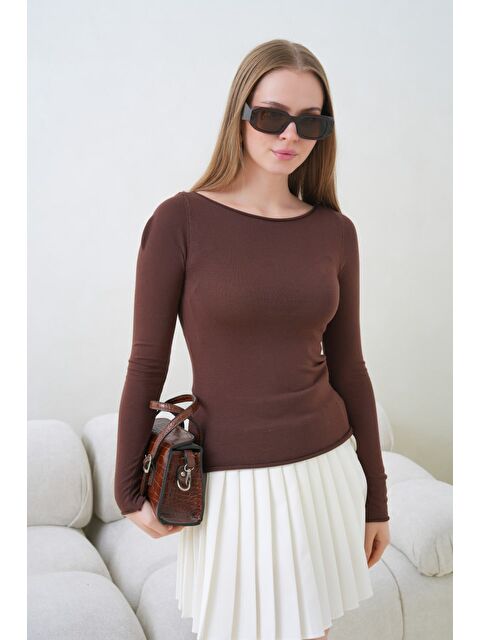 carla10 Kadın Bisiklet Yaka Uzun Kollu Basic Bluz Kahve - S000504615-19413