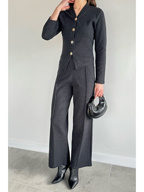 Gülseli Kadın Selanik Kumaş Hırka Bel Lastikli Palazzo Pantolon İkili Takım