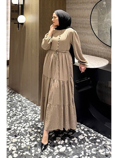 Lamelif Biritli Tesettür Elbise Bej - S000515481-19928