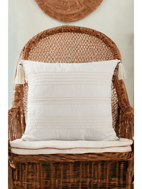 Asdiva Buldan Dokuma Bohem Tasarım  100 Pamuklu Köşe Saçaklı 45x45cm Kırlent Kılıfı Krem - S000345143-19966