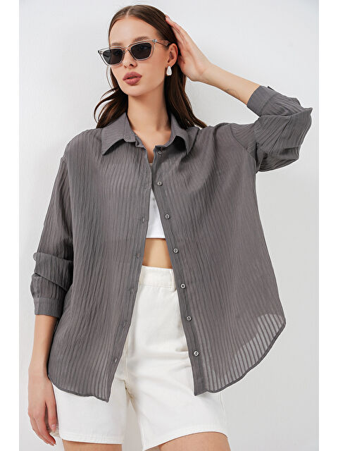 Bigdart Kadın Uzun Oversize Gömlek 20320 - Antrasit