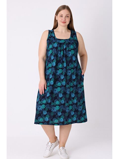 Intensive Lacivert Kadın Büyük Beden Desenli Askılı Cepli Pamuklu Elbise