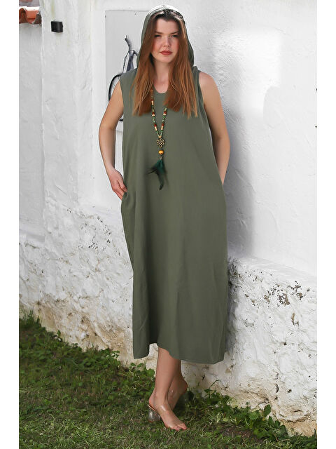 Chiccy Haki Kapüşonlu Kolsuz Gizli Cepli Yıkamalı Yırtmaçlı Casual Keten Karışımlı Dokuma Elbise 130 66 - S000367647-18547