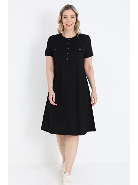 Intensive Siyah Büyük Beden Cepli Düğmeli Viskon Elastanlı Elbise