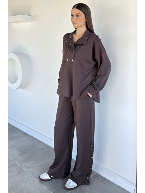 Gülseli Kadın Çıtçıt Detaylı Sweat Bel Lastikli Pantolon İkili Takım