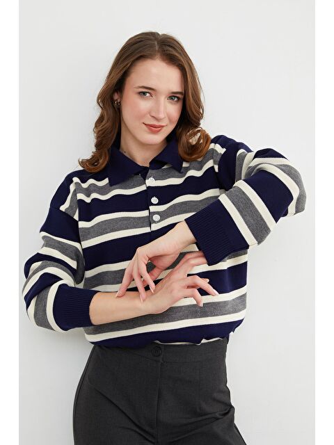 Fullamoda Şeritli Yarım Düğmeli Polo Yaka Triko Kazak - S000485943-21164