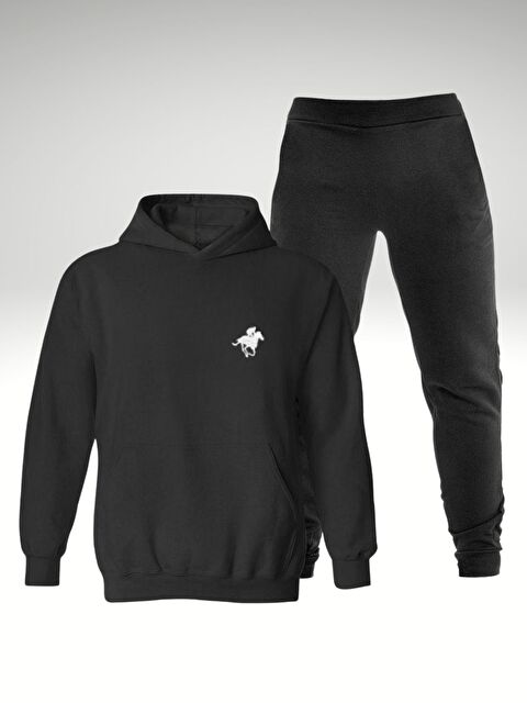 Trendseninle Erkek Tam Siyah Horse Baskı Oversize Kesim Alt Üst Uzun Kollu Eşofman Takımı - S000465851-19351