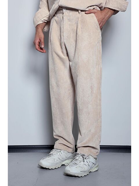 Abluka Online Erkek Kadife Dokulu Baggy Fit Pantolon Taş Rengi - S000447824-25636