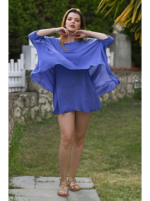 Chiccy Lavanta Mavisi Havuz Yaka Yarasa Kol İnce Astarlı Çift Katlı Casual Oversize Dokuma Bluz 75 85 - S000367650-17234