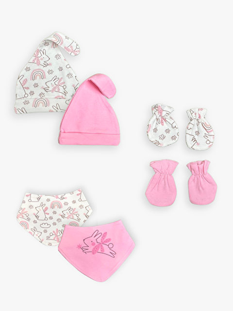 Luggi Baby Baskılı Pamuklu Kız Bebek Şapka Eldiven ve Önlük 6'lı Takım - S000490174-20024