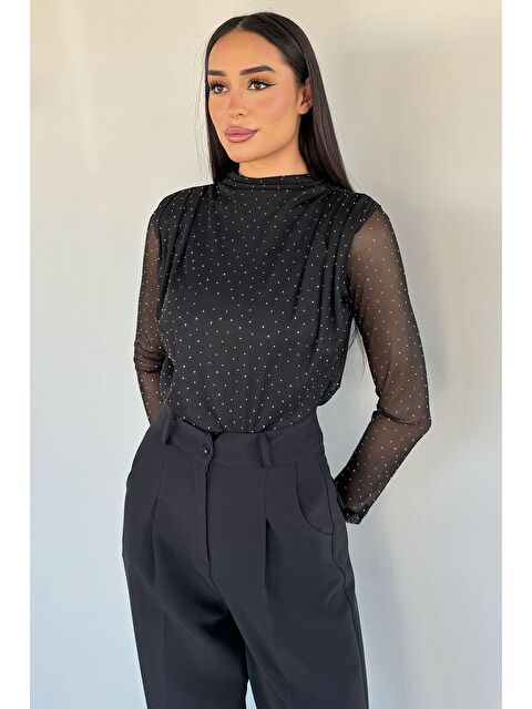 Gülseli Kadın Dik Yaka Taş İşlemeli Tüllü Bluz - S000517334-19351