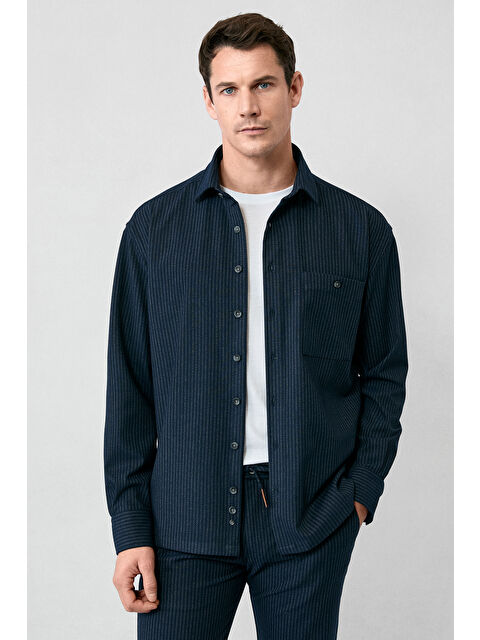 Kiğılı Uzun Kol Oversize Ekstra Rahat Kesim Fit Çizgili Spor Gömlek - S000494122-29672