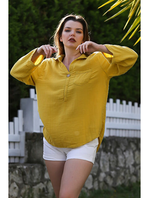 Chiccy Hardal Rengi Gömlek Yaka Düğmeli Uzun Kollu Cepli Casual Müslin Arkası Uzun Dokuma Bluz 70 66 - S000367648-20074