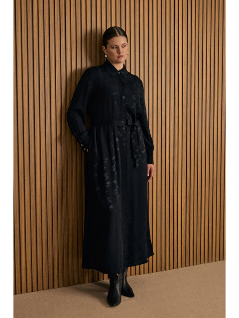 AKER Çiçek Jakar Desenli Bağcıklı Viscon Elbise - S000479098-19351