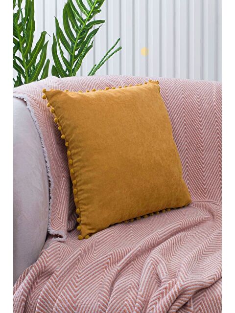 Asdiva Renk Ve Ölçü Seçenekli Hardal Ponponlu Kırlent Kılıfı Dekoratif Düz Sade Punch Panoroma - S000345148-20074