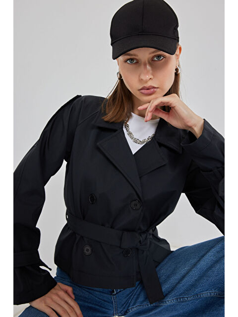 Bigdart Kadın Kemerli Kısa Trençkot 5970 - Siyah - S000435577-19351