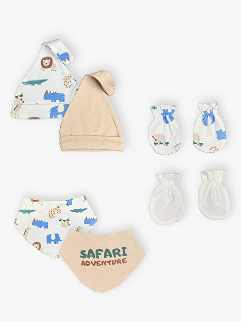 Luggi Baby Baskılı Pamuklu Erkek Bebek Şapka Eldiven ve Önlük 6'lı Takım - S000490177-19965