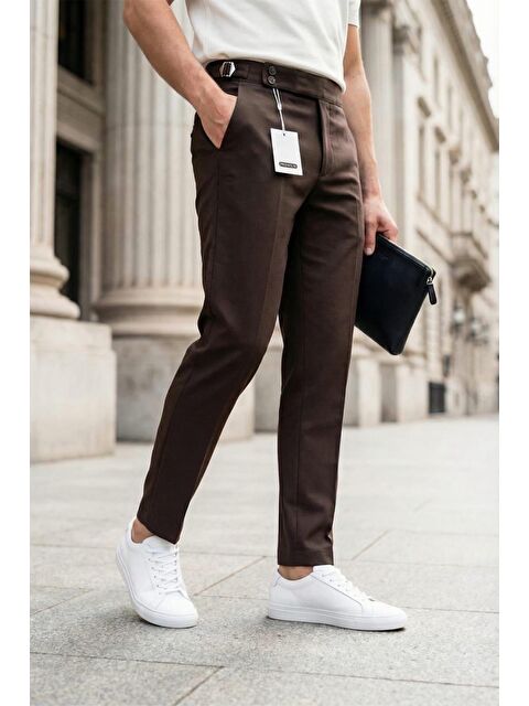 Oksit Gurkha Stil Yan Ayarlı Metal Tokalı Slim Fit Erkek Kumaş Pantolon Özel Kesim Kruvaze Bel