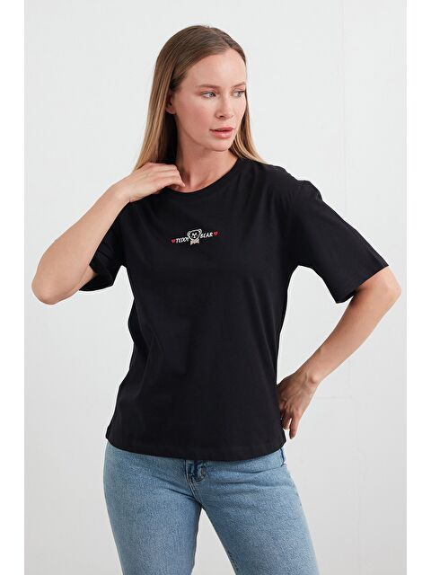 Fullamoda Teddy Bear Yazı Nakışlı Bisiklet Yaka Tişört - S000386673-19351